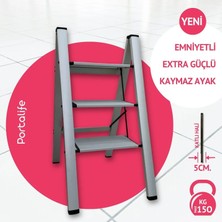 Portalife 3 Basamak Şık Çelik Takviyeli Alüminyum Merdiven- Kalın Profil - Gümüş