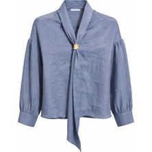 Mixray 4839 Kadın V Yaka Dökümlü Fular Detaylı Bluz Indigo