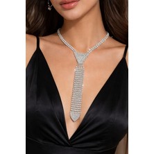 KLC Takı Kadın Gümüş Renk Kravat Model Zirkon Taşlı Kolye