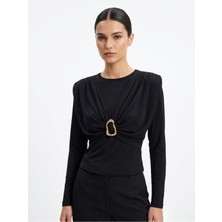 Foremia Omuz Büzgülü Toka Detay Bluz-Siyah -