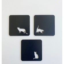 İDA Craft Siyah Ahşap 3lü Bardak Altlığı  çay tabağı kahve tabağı Nihale Tutucu Kedi Figürlü