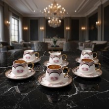 6 Kişilik Lüks Porselen Türk Kahvesi Fincan Takımı, Modern Siyah Beyaz Ekose Desenli, Detaylı ve Köşeli Kulplu, 12 Parça Çeyizlik Sunum Seti