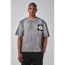 Ex-pent Erkek Yıkama Efektli Nervürlü Baskılı Regular Kalıp Gri Pamuklu T-Shirt