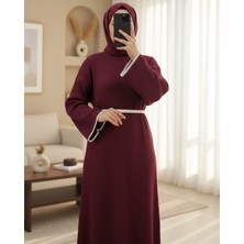 Moda Morfo Etek Ucu ve Kolları Nakışlı Bağcıklı Triko Elbise  -Bordo