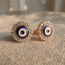 Zeino Nazar Boncuklu Zirkon Taşlı Küpe - Rose Altın Kaplama - 11 mm