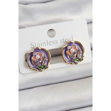 Karahanbey Pirinç Mor Mineli Çiçek Figürlü Sanatsal Portre Model Gold Renk Kadın Küpe -