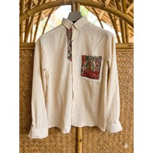 Hasır Cepli Keten Gömlek Krem