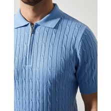Antakya Yöresi Erkek Yazlık Triko Saç Örgü Tişört Kısa Kol Polo Yaka Fermuarlı T-Shirt - Bebe Mavisi