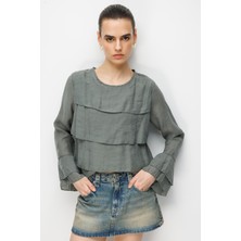 Mixray 4831 Kadın Kat Kat Detaylı Volanlı Uzun Kollu Bluz Haki