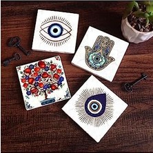 Nazar, Nar Ağacı, Fatma Ana Eli  Taş Bardak Altlığı Seti - 4 Parça - Dekoratif, Rustik Mutfak Aksesuarı, 10X10 Cm, Kaydırmaz Tabanlı, Şık ve Dayanıklı SC409