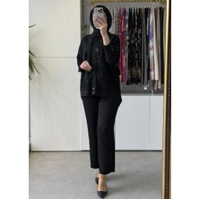 Tığ Triko Pul Nakış Brode Kombinli Gömlek Tunik Pantolon Takım 5087 Siyah