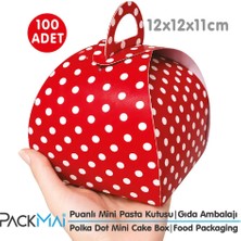 PackMai Mini Kutu 12X12X11 cm 100 Adet Saplı Kırmızı Puantiyeli - Pasta Turta Hediye Kutusu-Gıda Temasına Uygun