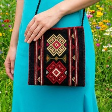 Hakiki Karacakılavuz Dimi Dokuması Koç Boynuzu Motifli Siyah Büyük Çanta 35X30 cm
