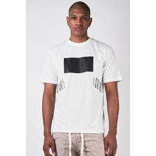 Ex-pent Erkek Düz Kesim Regular Kalıp Baskılı Çizgili Kumaş Kombinasyonlu Pamuklu Krem T-Shirt