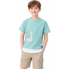 Barkod Kids Erkek Çocuk Yazı Desenli Reflektörlü Su Yeşili Renk Kısa Kollu Tişört