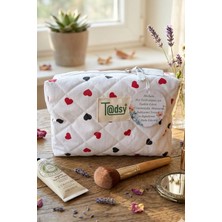 Tadsy Kalp Desenli %100 Pamuk Makyaj ve Kozmetik Çantası | 22X12X10 cm | Seyahat Organizer