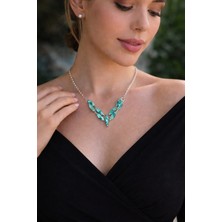 KLC Takı Kadın Gümüş Renk V Model Turkaz Taşlı Kolye