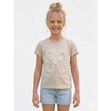 Rapapa Kız Çocuk Bej Crop Tişört - Inci ve Tül Çiçek Detaylı Yazlık T-SHIRT-4334