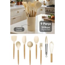 Meleni Home 9 Parça Silikon Servis Seti - Standlı Isıya Dayanıklı Yanmaz Yapışmaz Mutfak Hazırlık Seti Bej