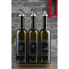 EA Home Concept 3'lü Ahşap Stantlı Cam Zeytinyağı Ayçiçek Yağı ve Nar Ekşisi Şişesi 750 ml Cam Şişe Yağlık Seti