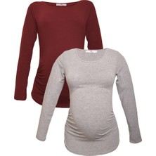 Luvmabelly Hamile Sweatshirt Seti Kadın Bordo - Gri Uzun Kol Desenli Ekstra Rahat