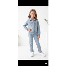 HaanBebe Inci Detaylı Kız Çocuk Kot Ceket ve Pantolon Takımı - Açık Mavi Denim Takım
