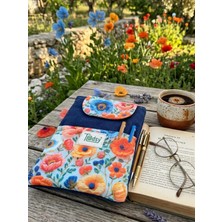 Tadsy Mavi Somon Çiçek Desenli Kitap Kılıfı Şık ve Koruyucu Cepli Kitap Kılıfı Çok Amaçlı Çanta 19X25 cm