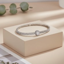 Allivo Gümüş Renk Oval Taşlı Çift Sıra Çelik Bileklik