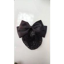 Minval Saten Kumaş 8 cm Otomatik Klipsli Fileli Fiyonklu Topuz Tokası