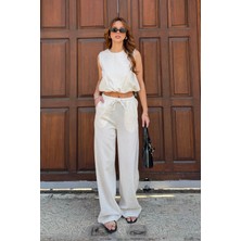 Bejna Kadın Keten Dokulu Astarlı Bluz Pantolon Alt - Üst Takım