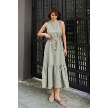 Bejna Kadın Şık Kemer Detaylı Volanlı Keten Dokulu Yazlık Elbise