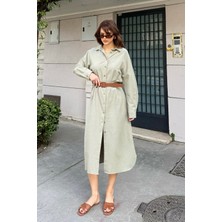 Bejna Kadın Keten Dokulu Kemerli Yazlık Midi Dokuma Elbise