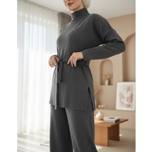 Modamorfo Yarım Boğazlı Kuşaklı Fitilli Takım  -Füme