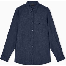 Emporio Armani Erkek Normal Kesim Kartal Logo Detaylı Pamuklu Uzun Kollu Lacivert Gömlek EM001527 AF25156-MB001