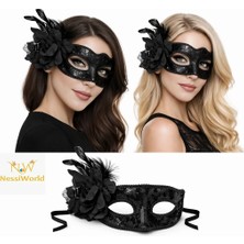 Senka Siyah Venedik Parti Maskesi – Çiçekli Tüylü Payetli