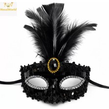 Senka Lüks Siyah Tüylü Taşlı Balo Maskesi