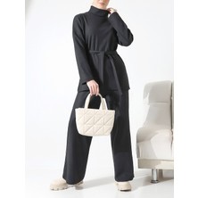 Modamorfo Yarım Boğazlı Kuşaklı Fitilli Takım  -Siyah