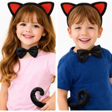 Senka Kırmızı Kulaklı Kedi Kostüm Seti – Taç Papyon Kuyruk 3 Parça