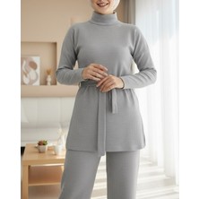 Moda Morfo Yarım Boğazlı Kuşaklı Fitilli Takım  -Açık Gri