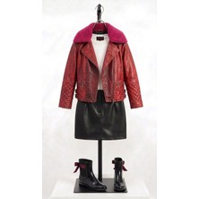 Asus Deri - Dıamond - Hakiki Deri Kız Çocuk Motorcu Bordo Ceket