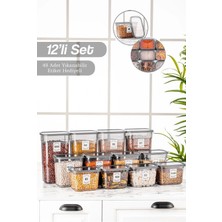 Meleni Home 12'li Via Etiketli Dikdörtgen Saklama Kabı - Erzak Saklama Kavanoz Seti 4x(1,3 Lt-2 Lt-3,2 Lt)