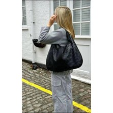 Özüm Çanta Kadın Büyük Boy Örgü Desenli Kol Omuz Çantası Siyah