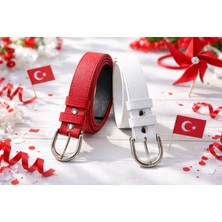 Canaris 23 Nisan Çocuk Kemeri Kırmızı Beyaz 3 cm Suni Deri Unisex Okul Gösteri Kemer Seti