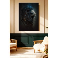 Mushen Studio Mushen Studıo Mavi Altın Yeleli Aslan Figürlü Siyah Fonlu Çerçevesiz Kanvas Tablo Dekoratif Duvar