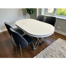Msy Home 4 Kişilik Naz Serisi Beyaz Masa Krom Yönsüz Kumaş Lüks ve Modern Yemek Odası Takımı