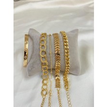 Trenddora Altın Kaplama Kadın Lüks Trend Kelepçe Kombin Bileklik