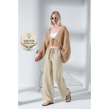 Maule %100 Keten Bağcıklı Rahat Kalıp Dokuma Kadın Pantolon @varuna