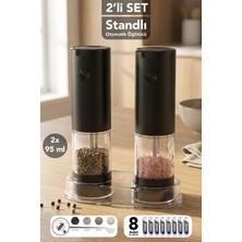 Meleni Home 2'li Işıklı Otomatik Baharat Öğütücü - Standlı Pilli Tuz Karabiber Değirmeni Baharatlık 95 ml