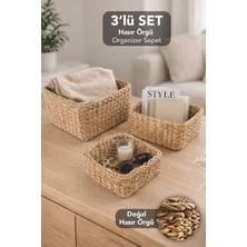 Meleni Home 3'lü Kare Hasır Sepet Seti - Dekoratif Çok Amaçlı Mutfak Banyo Düzenleyici Organizer Kutu