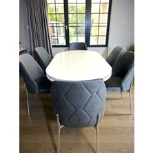 Msy Home 6 Kişilik Naz Serisi Beyaz Masa Krom Yönsüz Kumaş Lüks ve Modern Yemek Odası Takımı